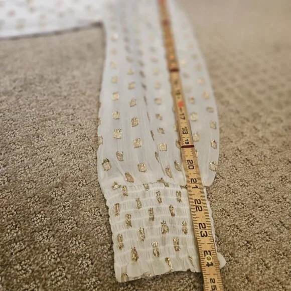 LOFT Clip Ruffle Smocked Blouse Women SZ Medium gauzy top lightweight lined Gold - Picture 14 of 15